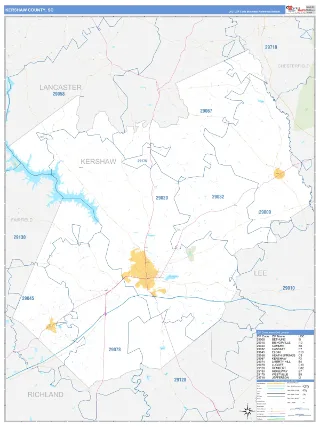 Kershaw County, SC Business Reference style ZIP Code wall map