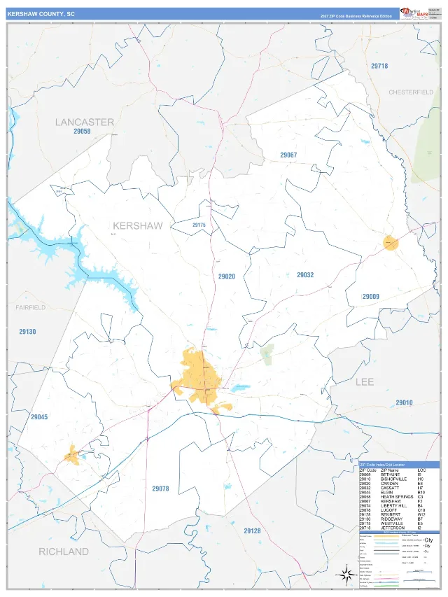 Kershaw County, SC ZIP Code Wall Map, Business Reference style