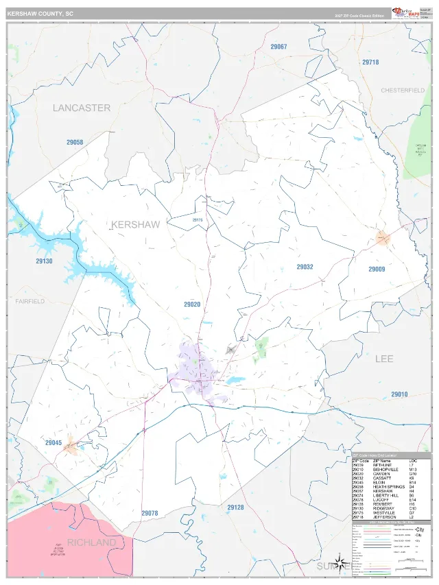 Kershaw County, SC ZIP Code Wall Map, Classic style