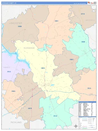 Kershaw County, SC ColorCast style ZIP Code wall map