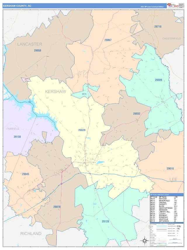 Kershaw County, SC ZIP Code Wall Map, ColorCast style