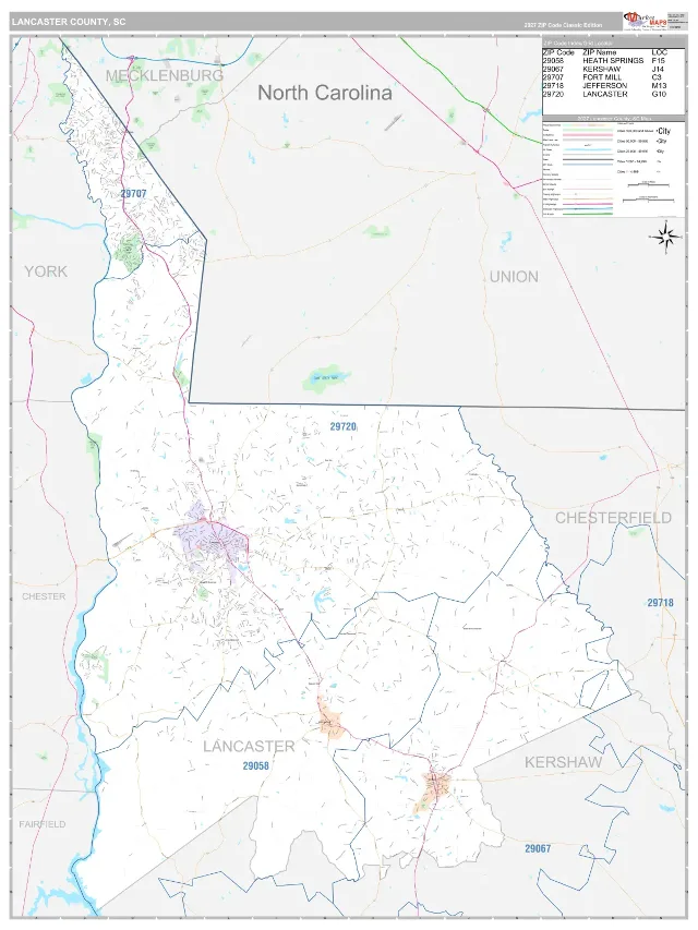 Lancaster County, SC ZIP Code Wall Map, Classic style
