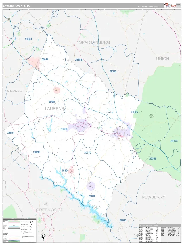 Laurens County, SC ZIP Code Wall Map, Classic style