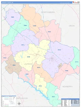 Laurens County, SC ColorCast style ZIP Code wall map