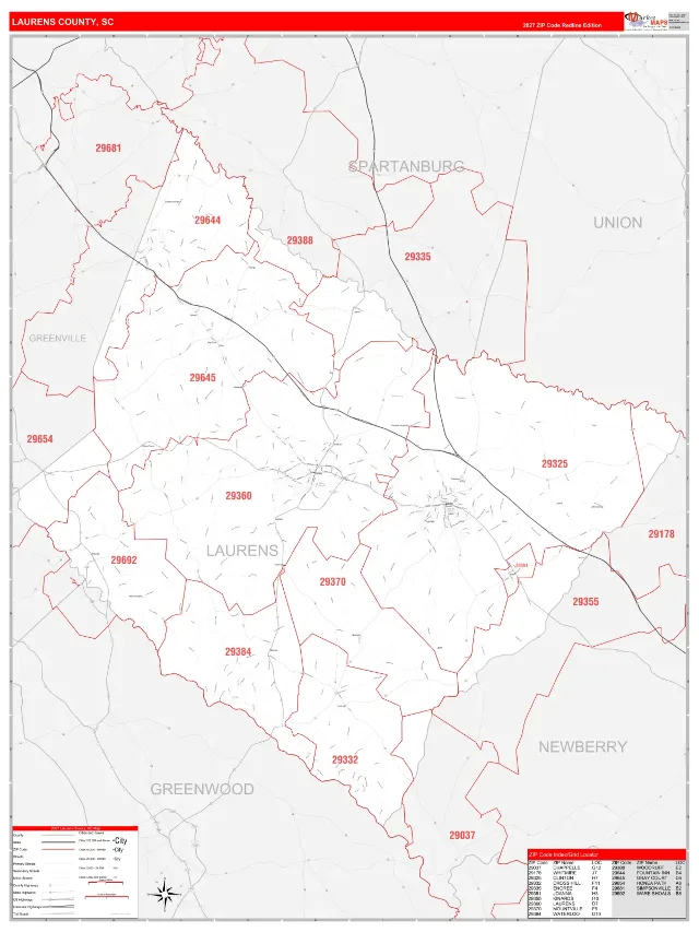 Laurens County, SC ZIP Code Wall Map, RedLine style