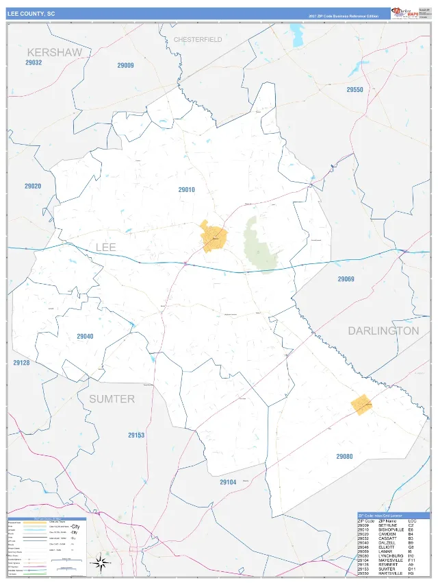 Lee County, SC ZIP Code Wall Map, Business Reference style
