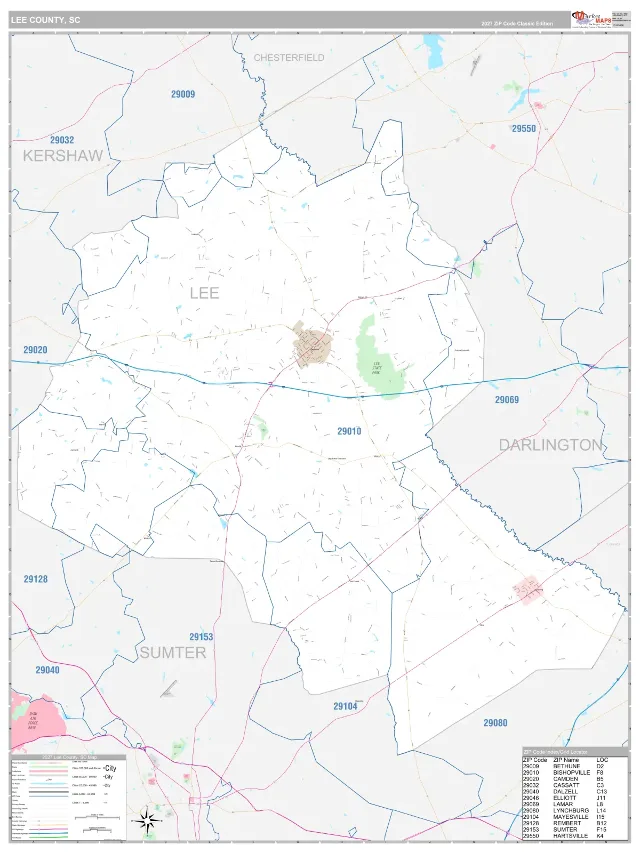 Lee County, SC ZIP Code Wall Map, Classic style