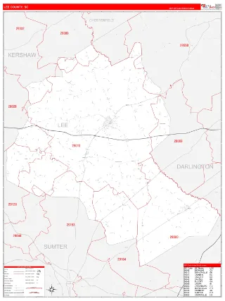 Lee County, SC RedLine style ZIP Code wall map