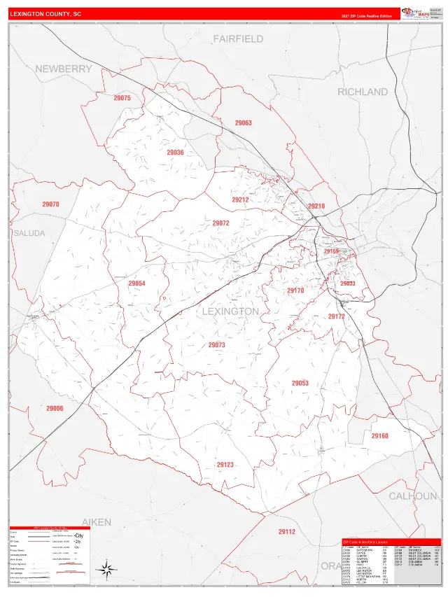 Lexington County, SC ZIP Code Wall Map, RedLine style