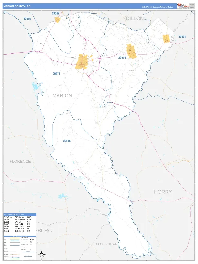 Marion County, SC ZIP Code Wall Map, Business Reference style