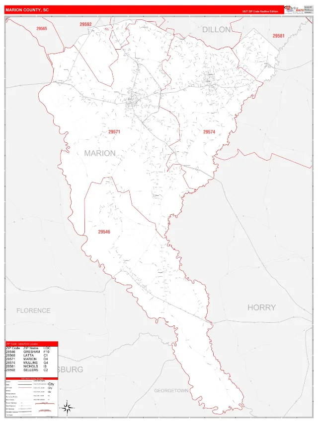 Marion County, SC ZIP Code Wall Map, RedLine style