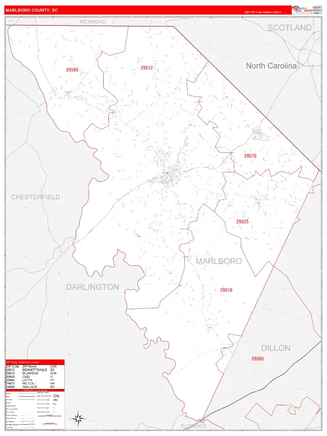 Marlboro County, SC ZIP Code Wall Map, RedLine style