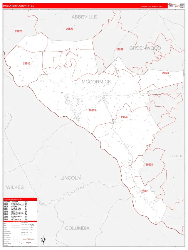 McCormick County, SC ZIP Code Wall Map, RedLine style