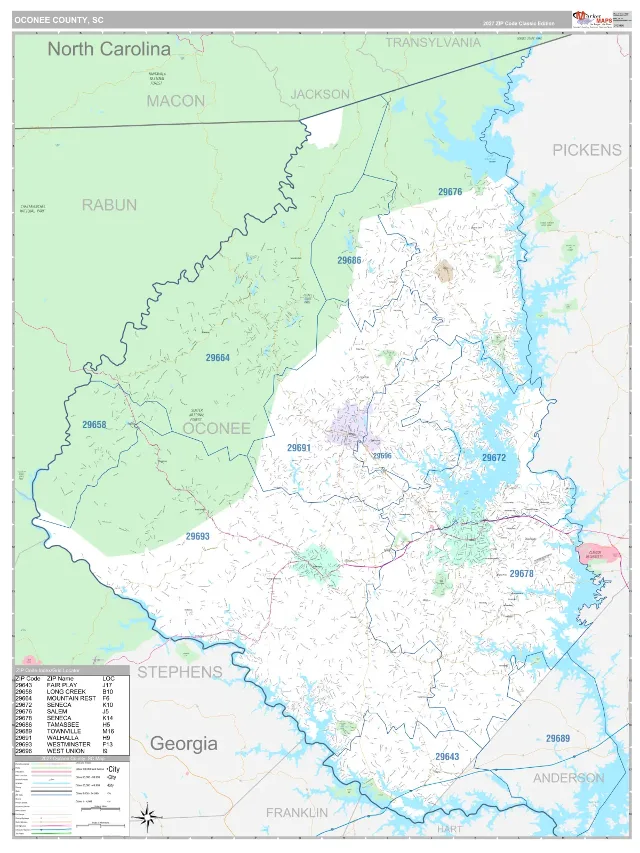 Oconee County, SC ZIP Code Wall Map, Classic style