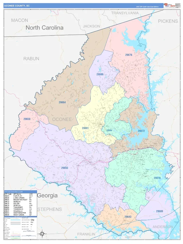 Oconee County, SC ZIP Code Wall Map, ColorCast style