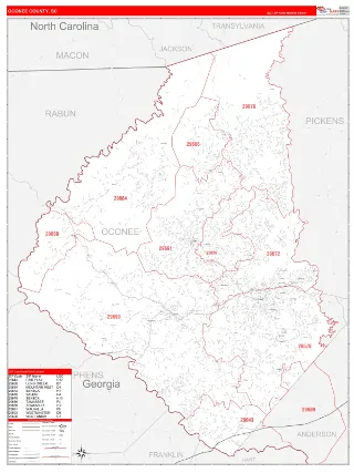 Oconee County, SC RedLine style ZIP Code wall map