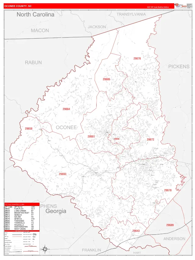 Oconee County, SC ZIP Code Wall Map, RedLine style