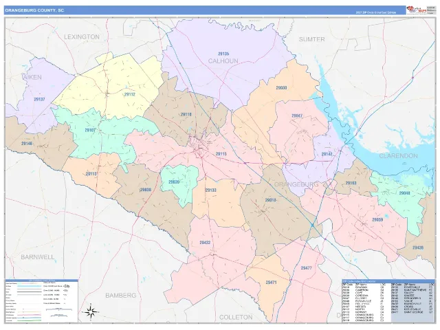 Orangeburg County, SC ZIP Code Wall Map, ColorCast style