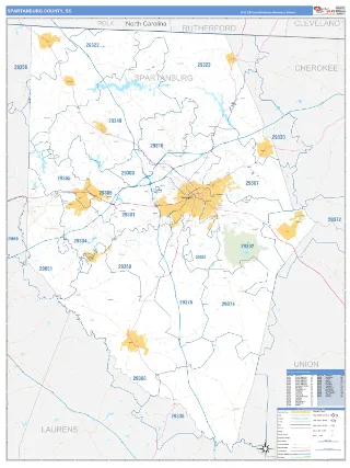 Spartanburg County, SC Business Reference style ZIP Code wall map