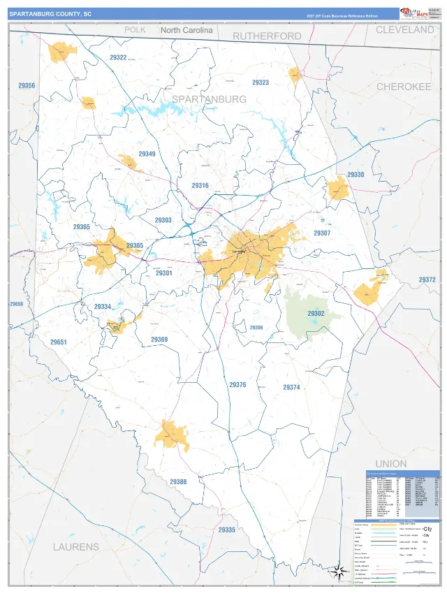 Spartanburg County, SC ZIP Code Wall Map, Business Reference style