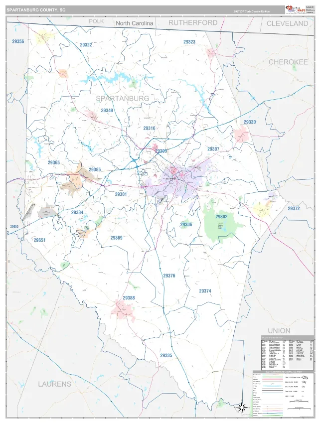 Spartanburg County, SC ZIP Code Wall Map, Classic style