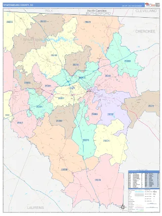 Spartanburg County, SC ColorCast style ZIP Code wall map