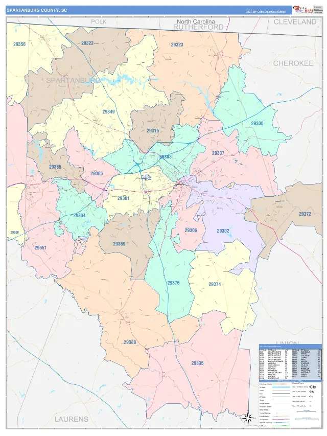 Spartanburg County, SC ZIP Code Wall Map, ColorCast style