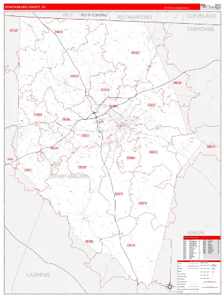 Spartanburg County, SC RedLine style ZIP Code wall map