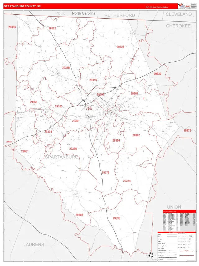 Spartanburg County, SC ZIP Code Wall Map, RedLine style
