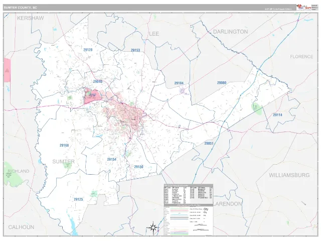 Sumter County, SC ZIP Code Wall Map, Classic style