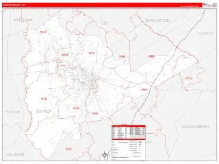 Sumter County, SC RedLine style ZIP Code wall map