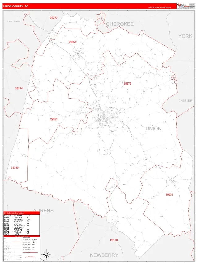Union County, SC ZIP Code Wall Map, RedLine style