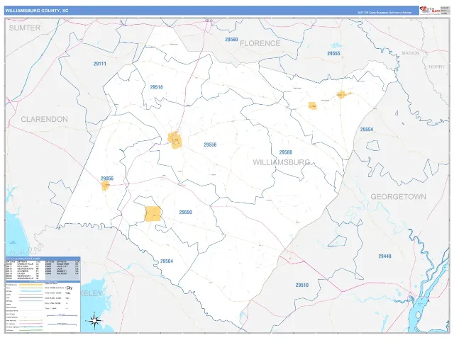 Williamsburg County, SC ZIP Code Wall Map, Business Reference style