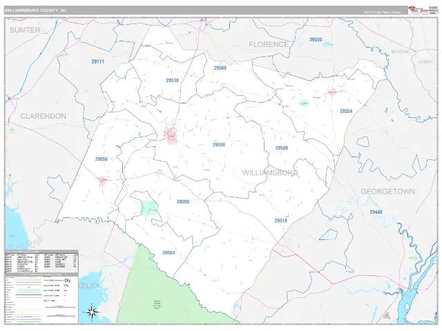 Williamsburg County, SC ZIP Code Wall Map, Classic style
