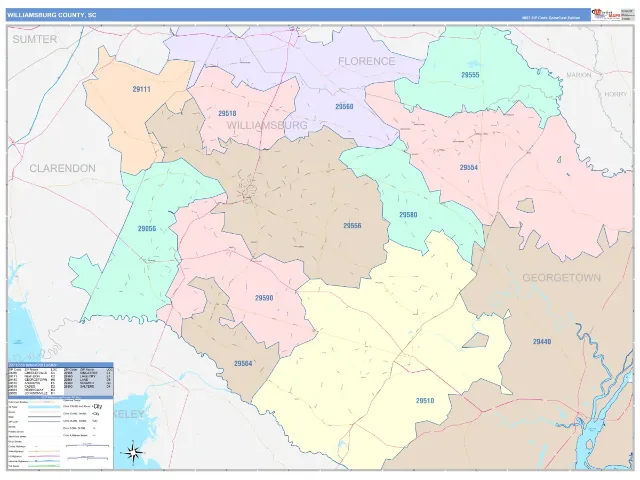 Williamsburg County, SC ZIP Code Wall Map, ColorCast style