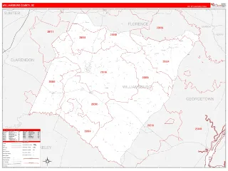 Williamsburg County, SC RedLine style ZIP Code wall map