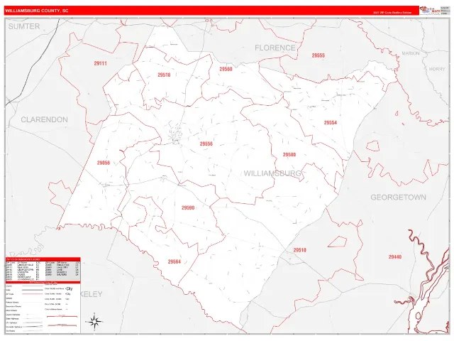 Williamsburg County, SC ZIP Code Wall Map, RedLine style