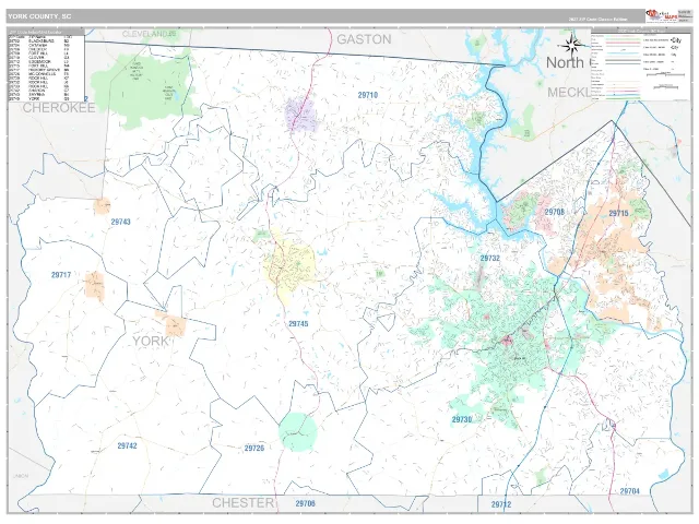 York County, SC ZIP Code Wall Map, Classic style