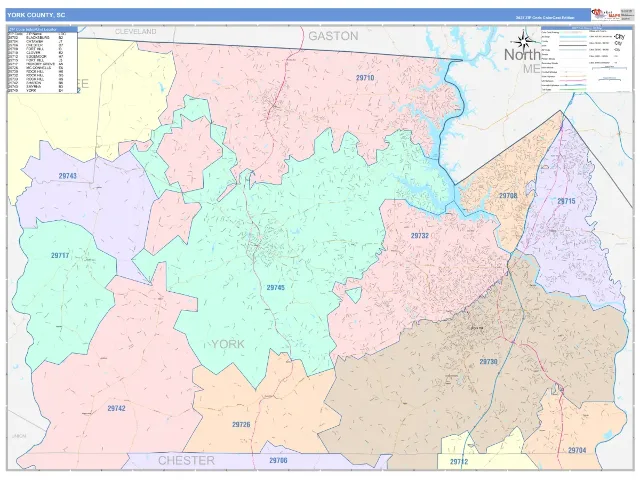 York County, SC ZIP Code Wall Map, ColorCast style