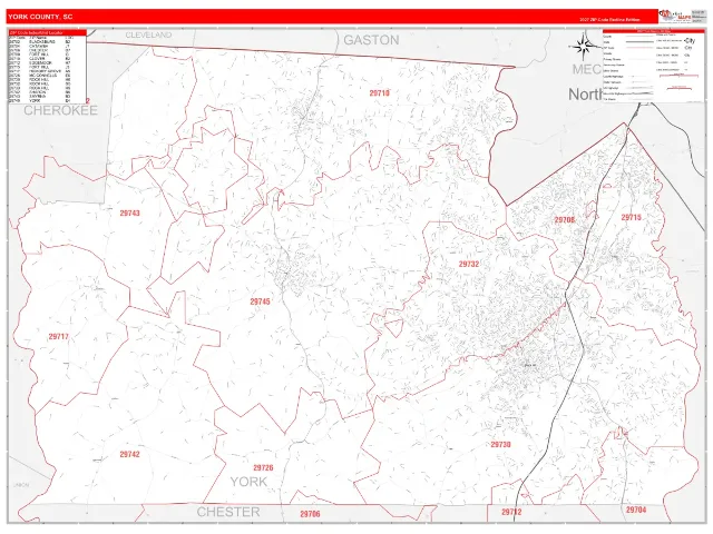York County, SC ZIP Code Wall Map, RedLine style