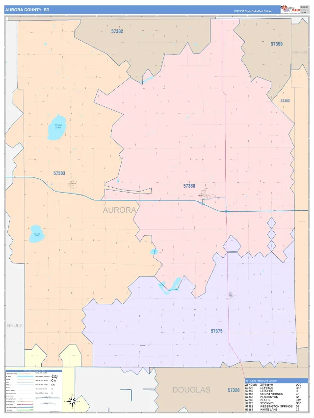 Aurora County, SD ZIP Code Wall Map, ColorCast style