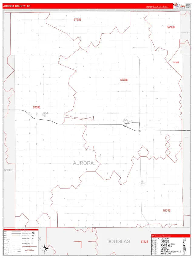 Aurora County, SD ZIP Code Wall Map, RedLine style