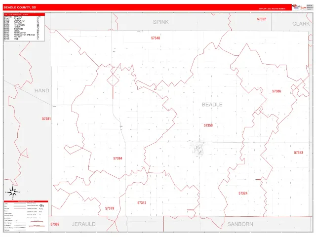 Beadle County, SD ZIP Code Wall Map, RedLine style