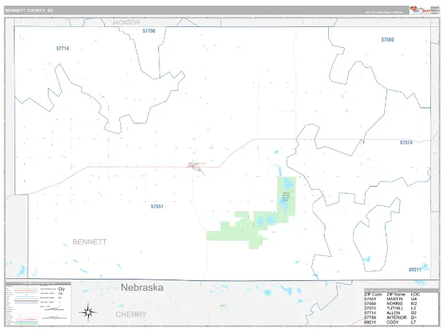Bennett County, SD ZIP Code Wall Map, Classic style