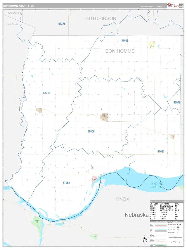 Bon Homme County, SD ZIP Code Wall Map, Classic style