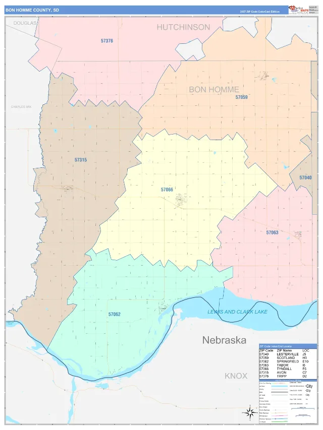 Bon Homme County, SD ZIP Code Wall Map, ColorCast style