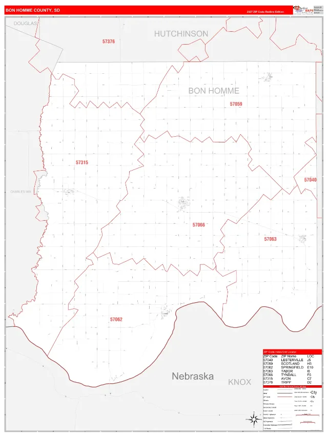 Bon Homme County, SD ZIP Code Wall Map, RedLine style