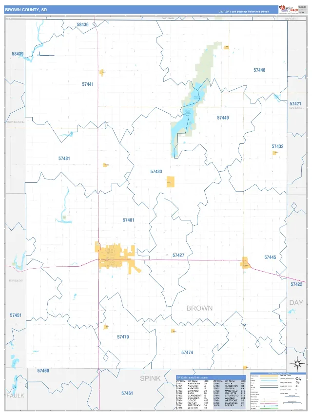 Brown County, SD ZIP Code Wall Map, Business Reference style