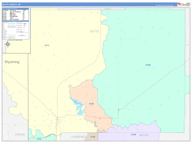 Butte County, SD ZIP Code Wall Map, ColorCast style
