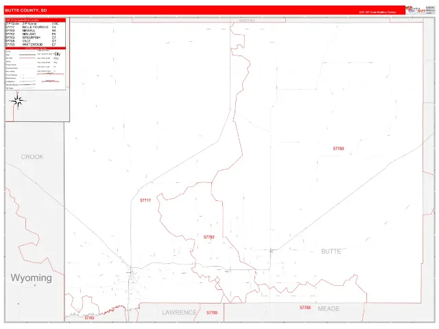 Butte County, SD ZIP Code Wall Map, RedLine style